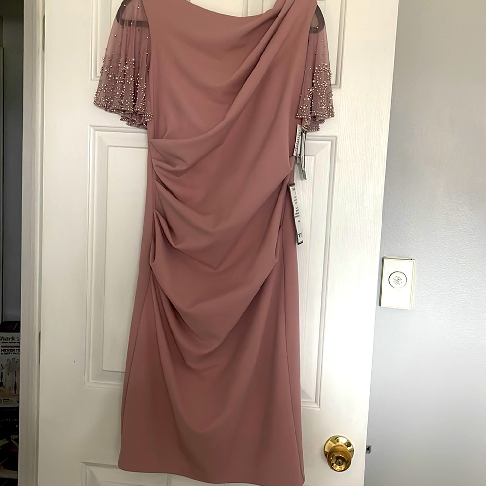 Blush colored short ruched crepe dress with beaded sleeves.New with the tags.